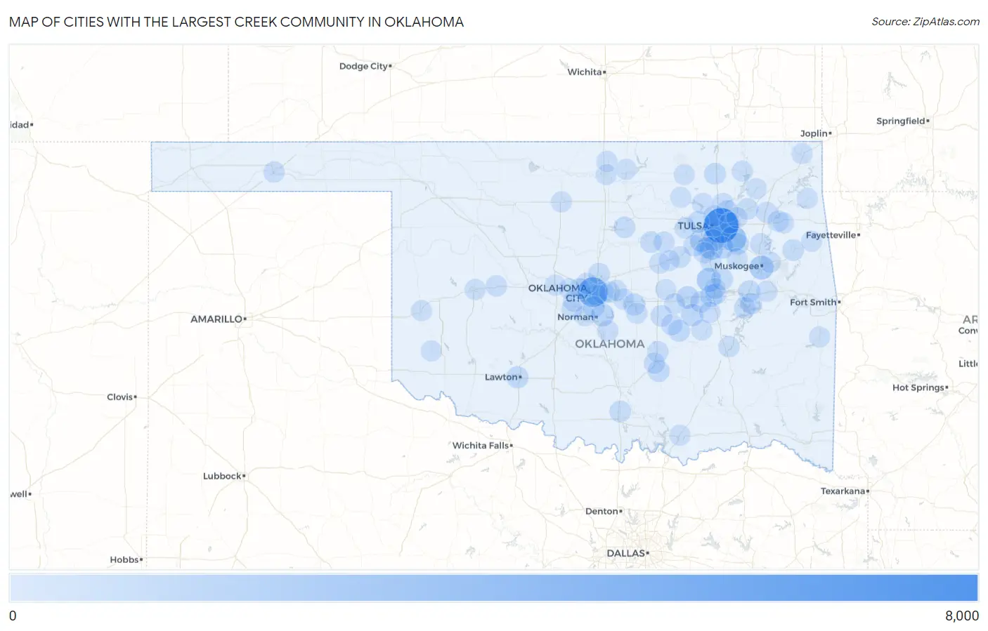 Cities with the Largest Creek Community in Oklahoma Map