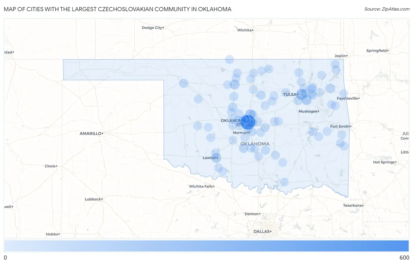 Cities with the Largest Czechoslovakian Community in Oklahoma Map