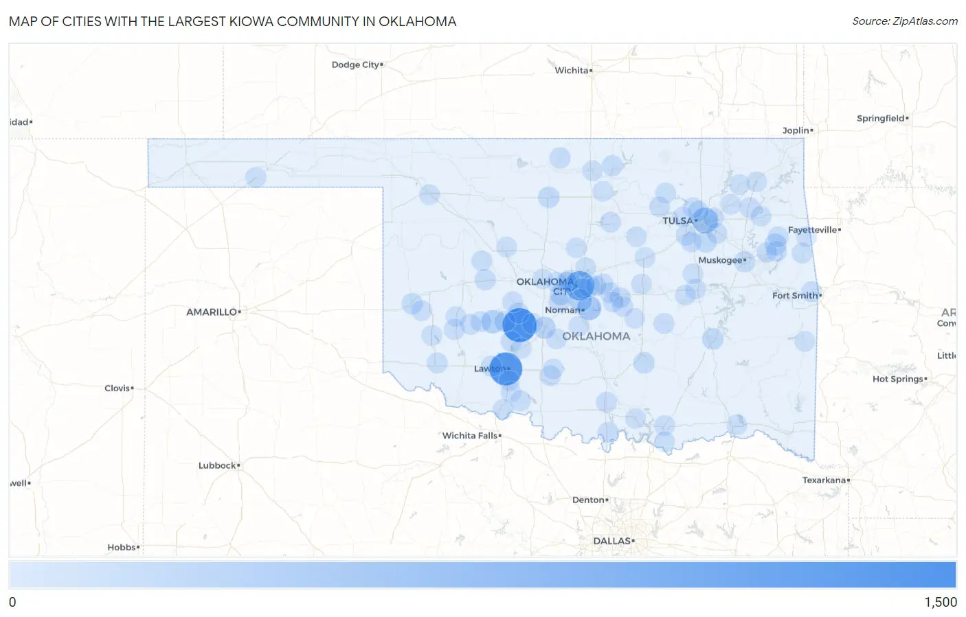 Cities with the Largest Kiowa Community in Oklahoma Map