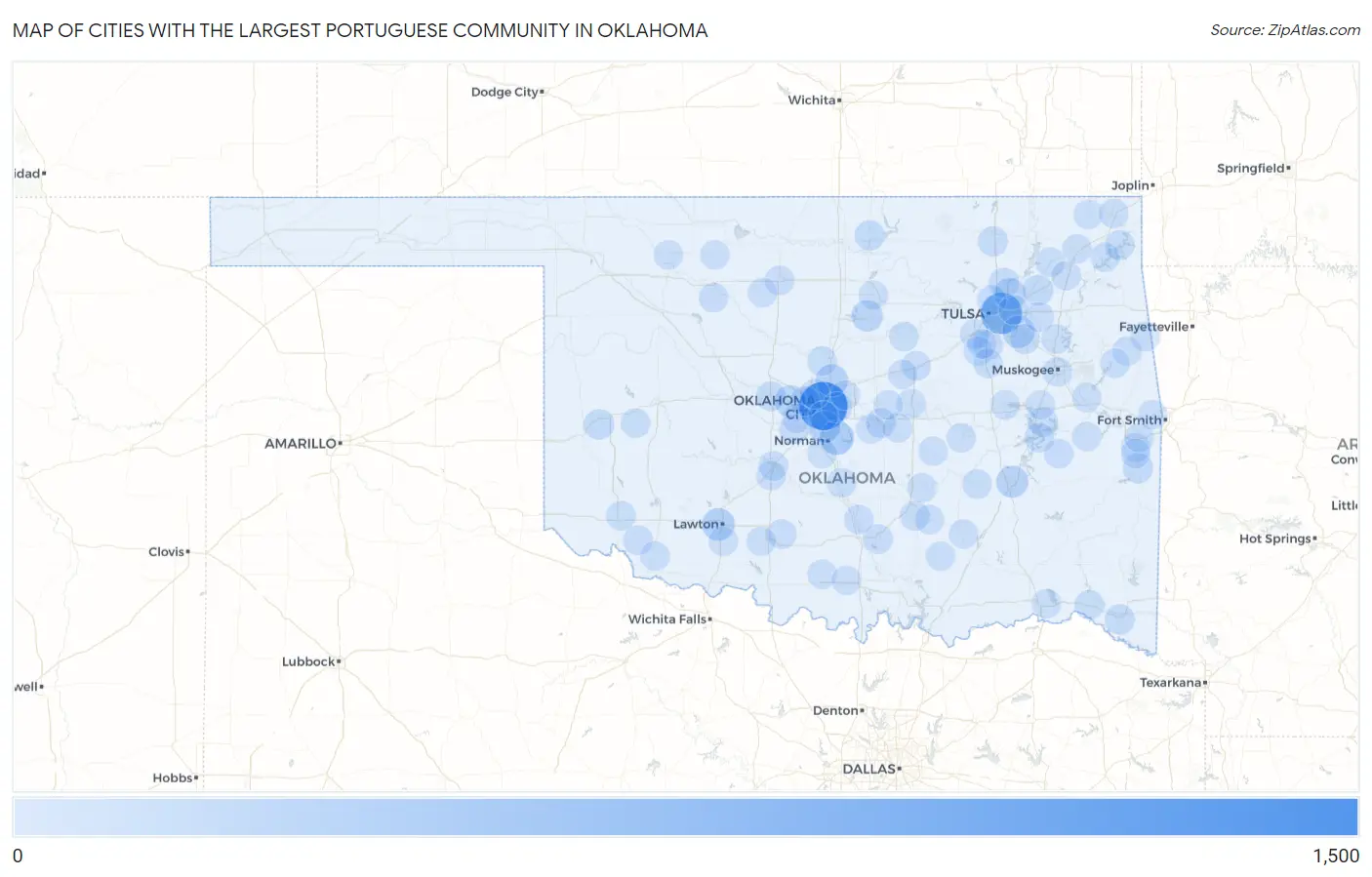 Cities with the Largest Portuguese Community in Oklahoma Map
