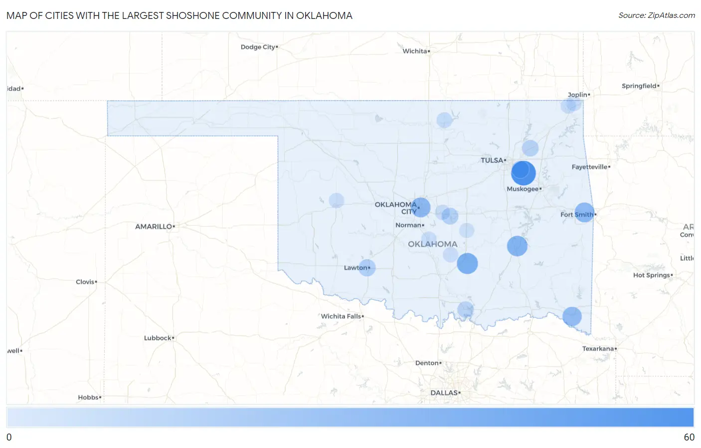 Cities with the Largest Shoshone Community in Oklahoma Map