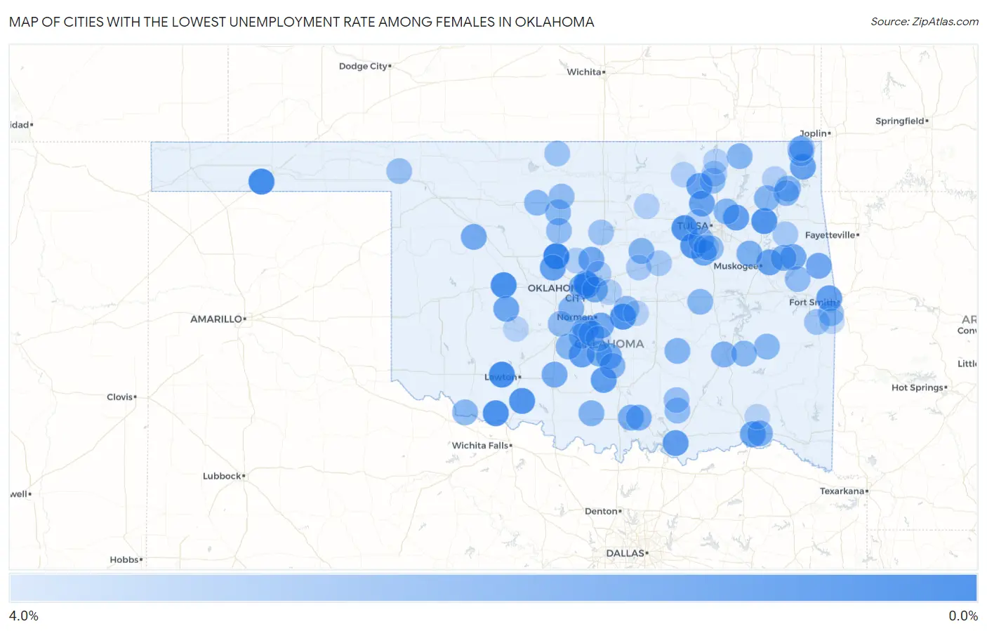 Cities with the Lowest Unemployment Rate Among Females in Oklahoma Map