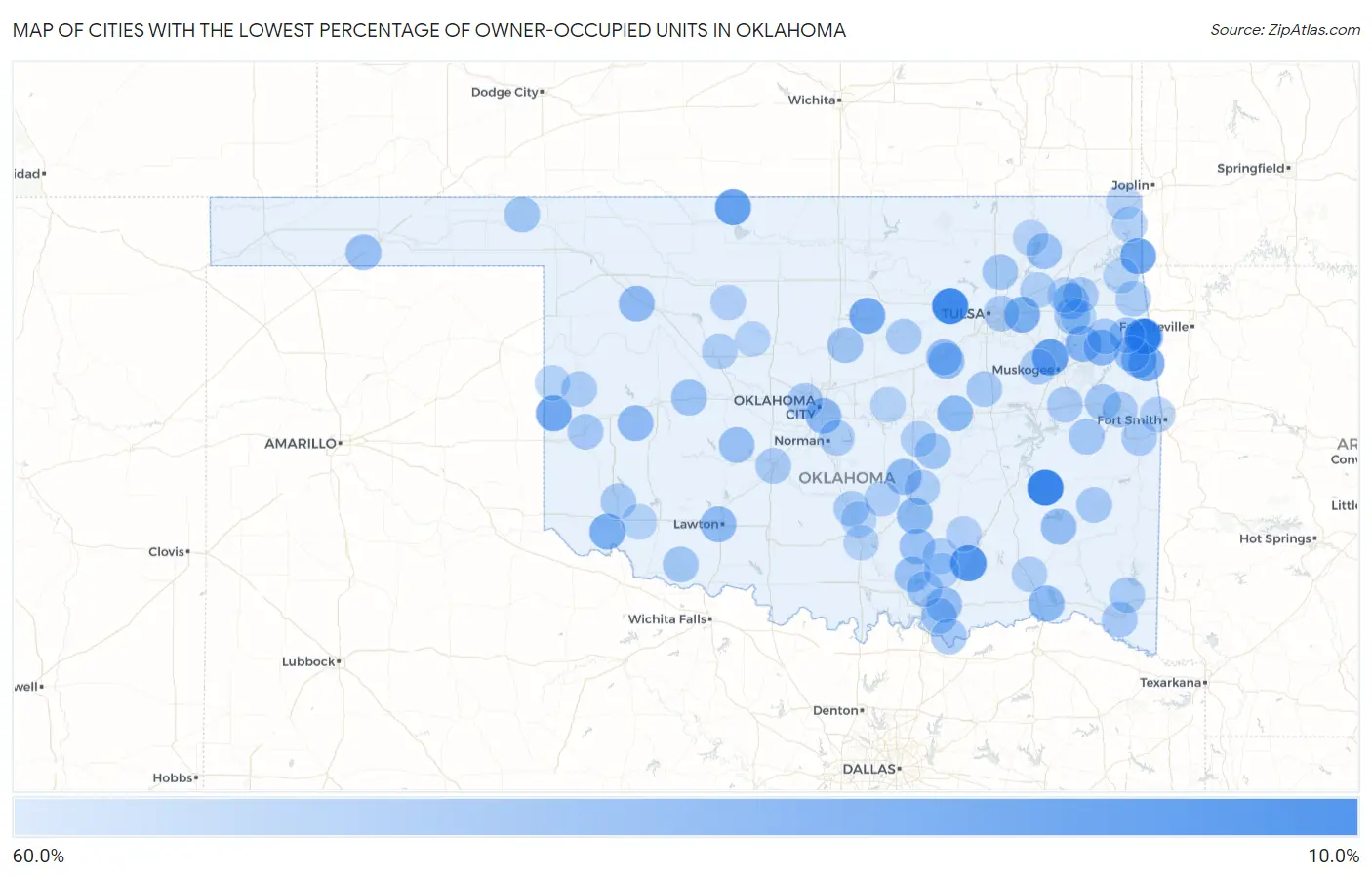 Cities with the Lowest Percentage of Owner-Occupied Units in Oklahoma Map