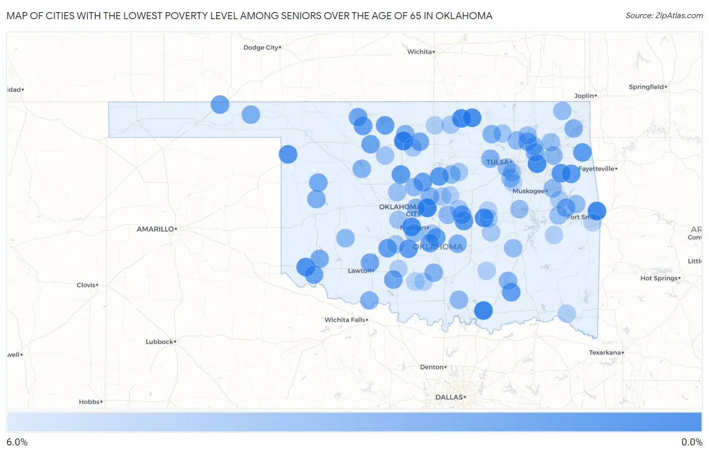 Cities with the Lowest Poverty Level Among Seniors Over the Age of 65 in Oklahoma Map