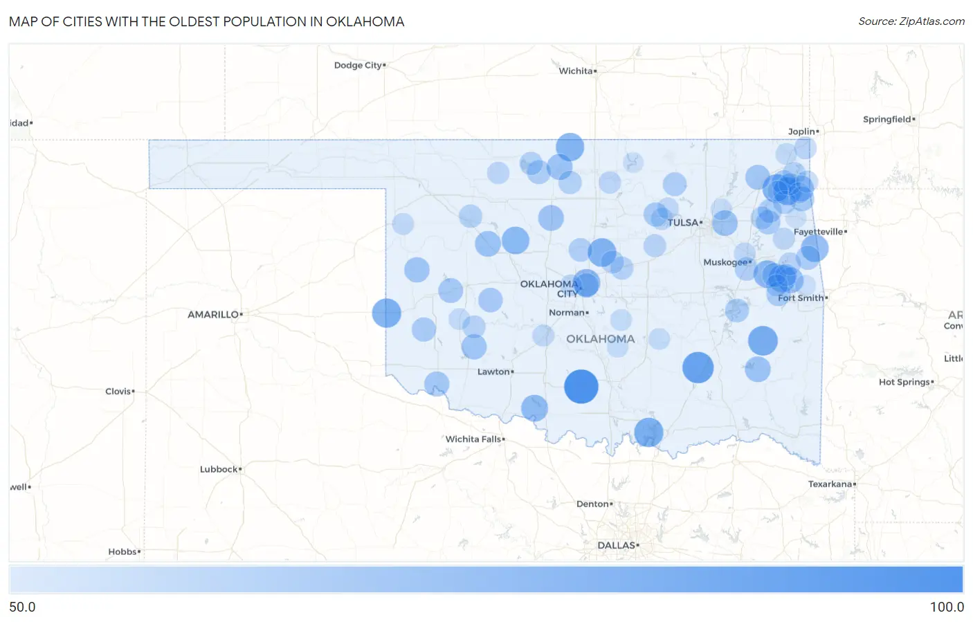 Cities with the Oldest Population in Oklahoma Map
