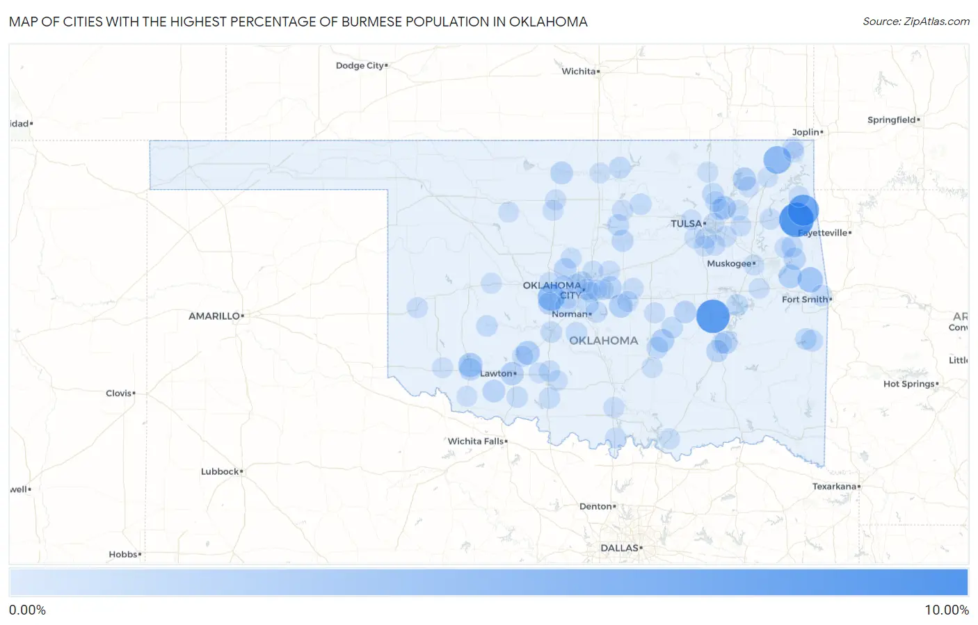 Cities with the Highest Percentage of Burmese Population in Oklahoma Map