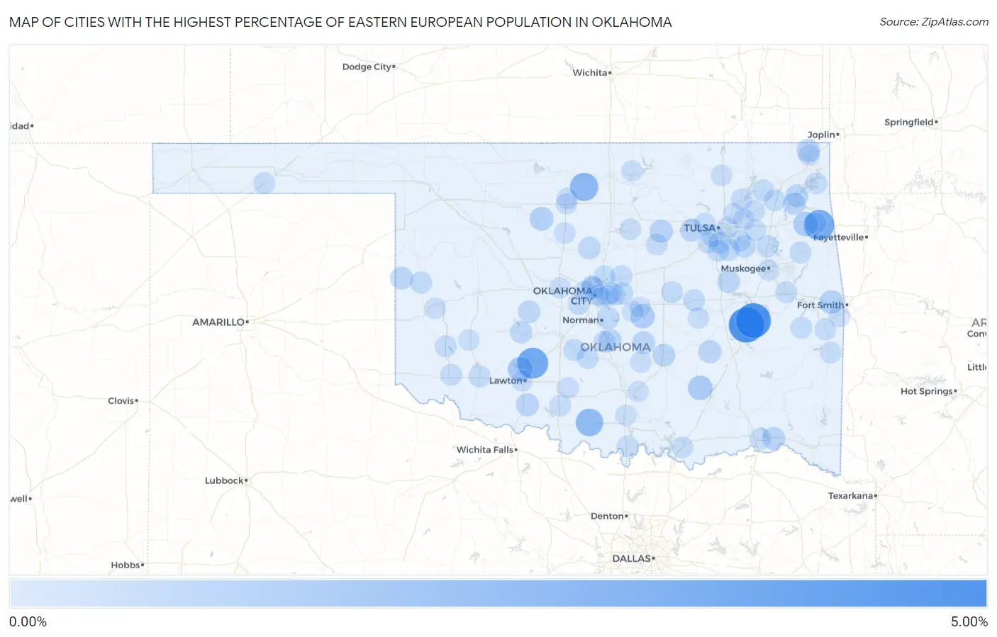 Cities with the Highest Percentage of Eastern European Population in Oklahoma Map