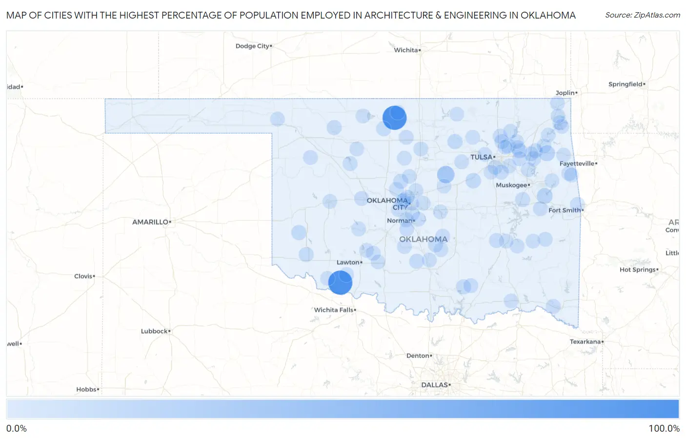 Cities with the Highest Percentage of Population Employed in Architecture & Engineering in Oklahoma Map