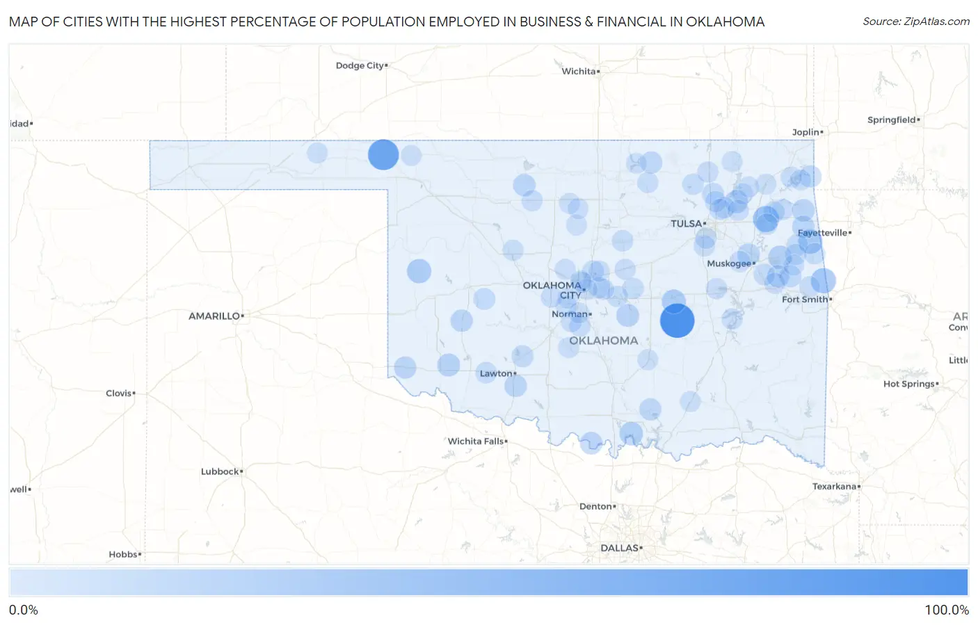 Cities with the Highest Percentage of Population Employed in Business & Financial in Oklahoma Map