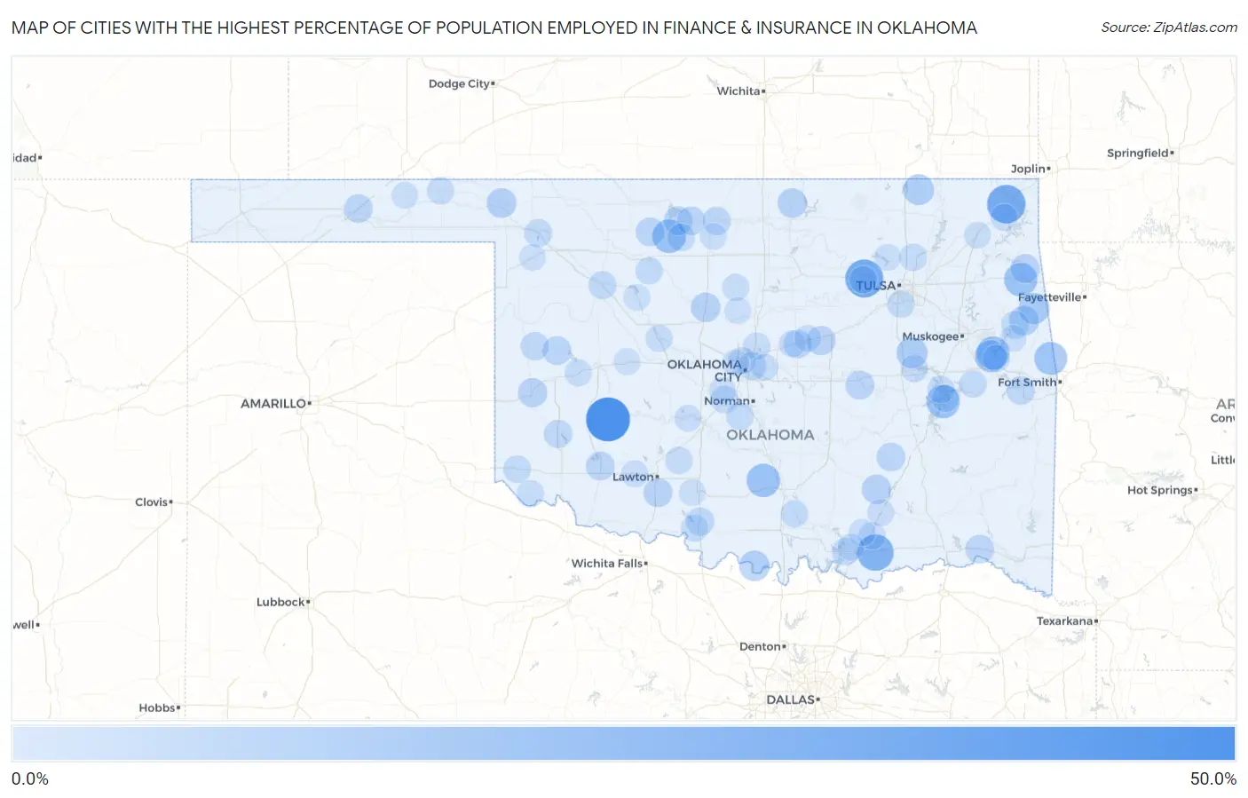Cities with the Highest Percentage of Population Employed in Finance & Insurance in Oklahoma Map