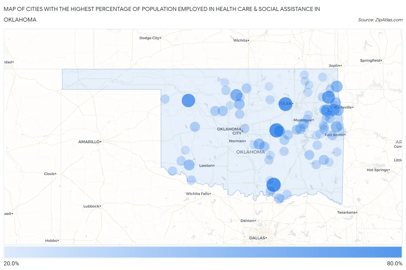 Cities with the Highest Percentage of Population Employed in Health Care & Social Assistance in Oklahoma Map