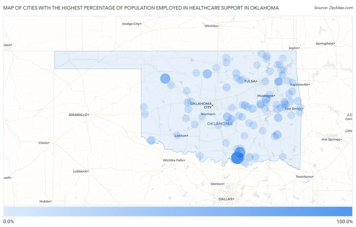 Cities with the Highest Percentage of Population Employed in Healthcare Support in Oklahoma Map