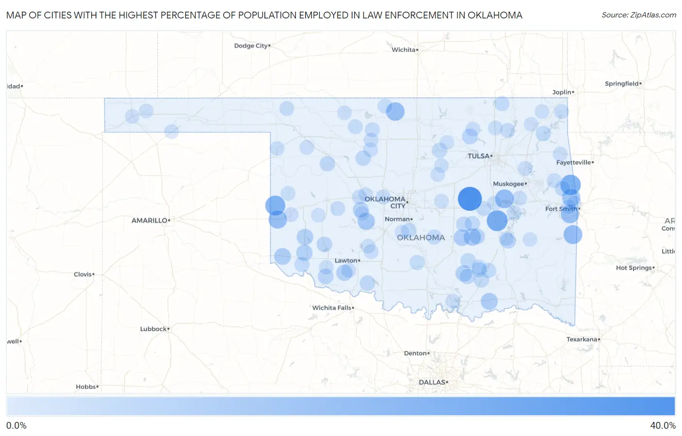 Cities with the Highest Percentage of Population Employed in Law Enforcement in Oklahoma Map