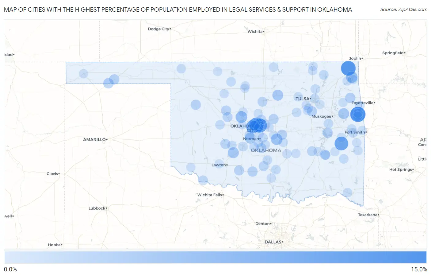 Cities with the Highest Percentage of Population Employed in Legal Services & Support in Oklahoma Map