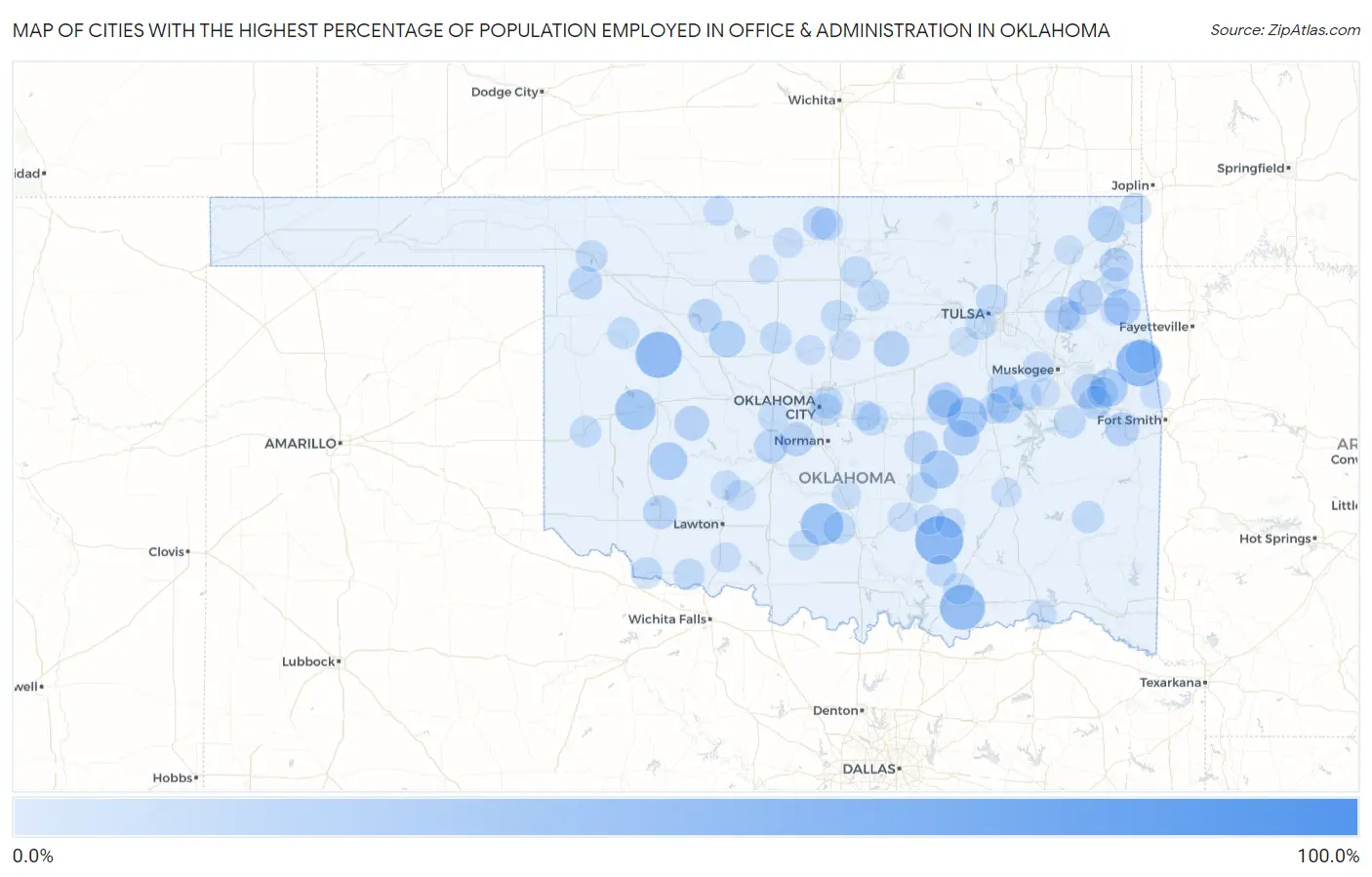 Cities with the Highest Percentage of Population Employed in Office & Administration in Oklahoma Map