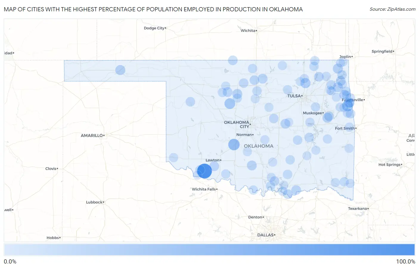 Cities with the Highest Percentage of Population Employed in Production in Oklahoma Map