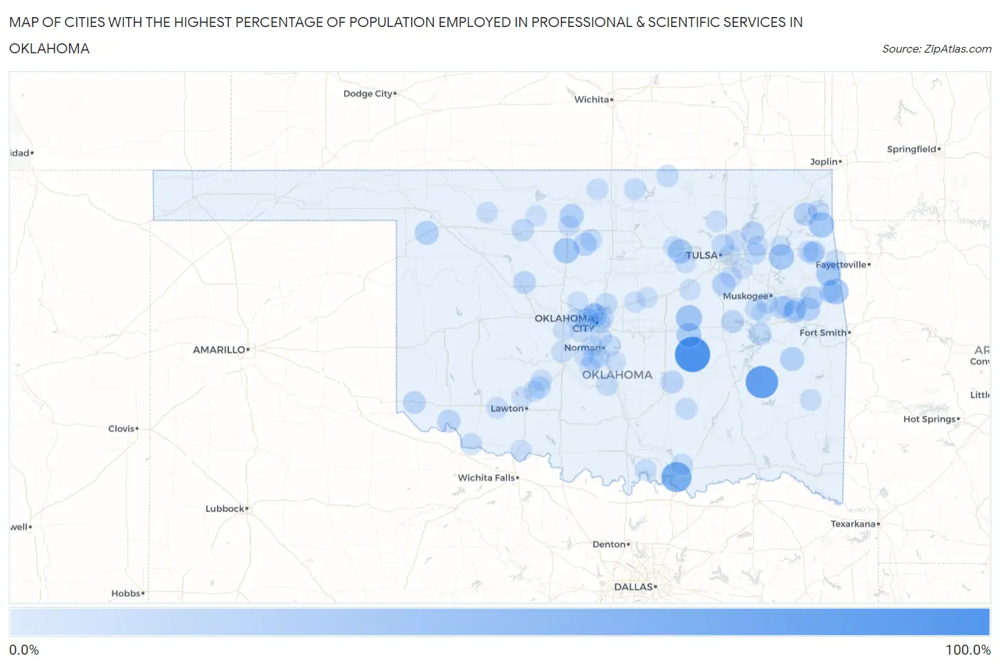 Cities with the Highest Percentage of Population Employed in Professional & Scientific Services in Oklahoma Map