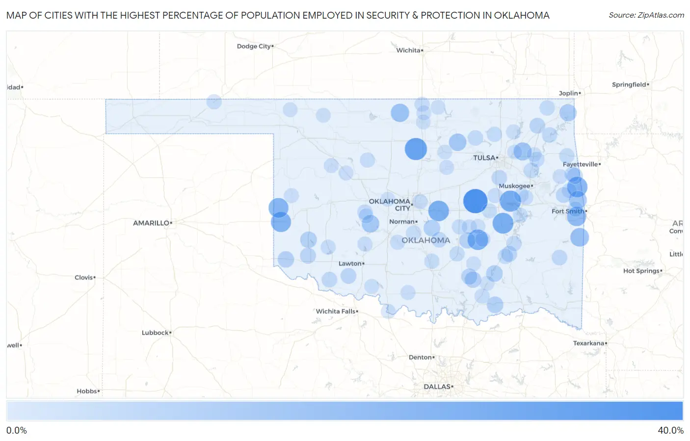 Cities with the Highest Percentage of Population Employed in Security & Protection in Oklahoma Map