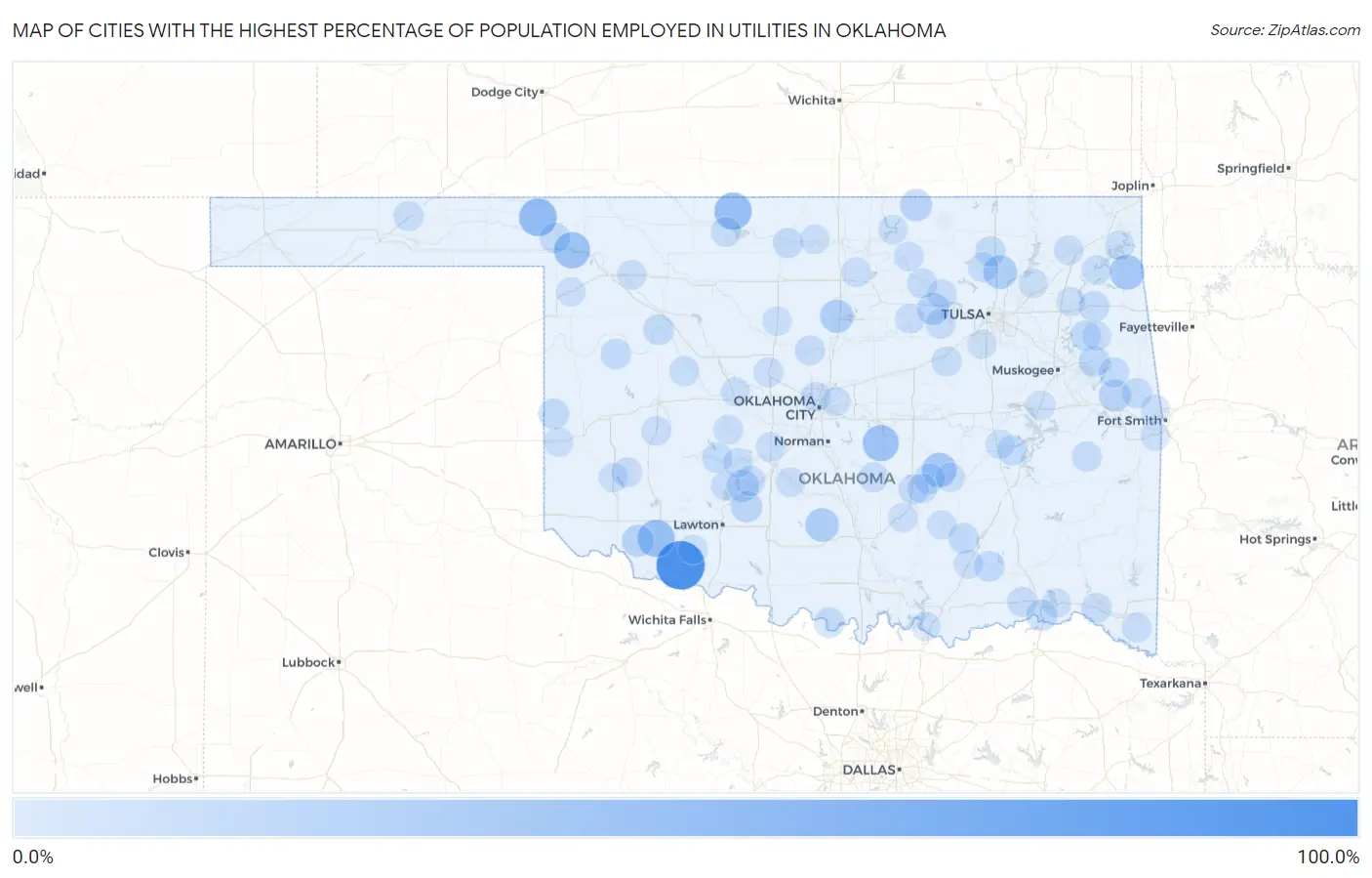 Cities with the Highest Percentage of Population Employed in Utilities in Oklahoma Map