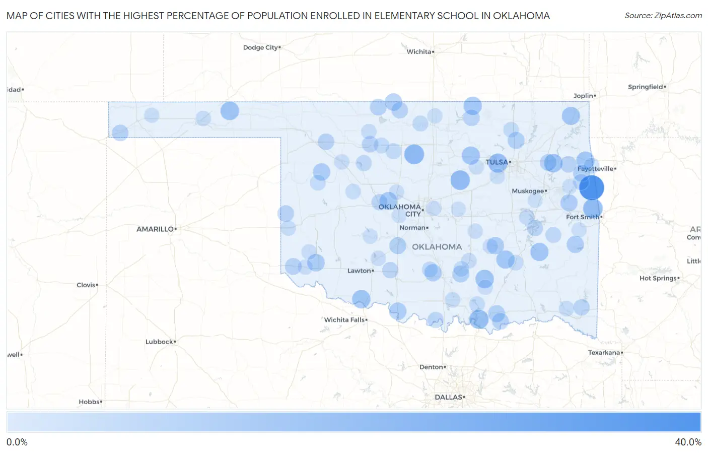 Cities with the Highest Percentage of Population Enrolled in Elementary School in Oklahoma Map