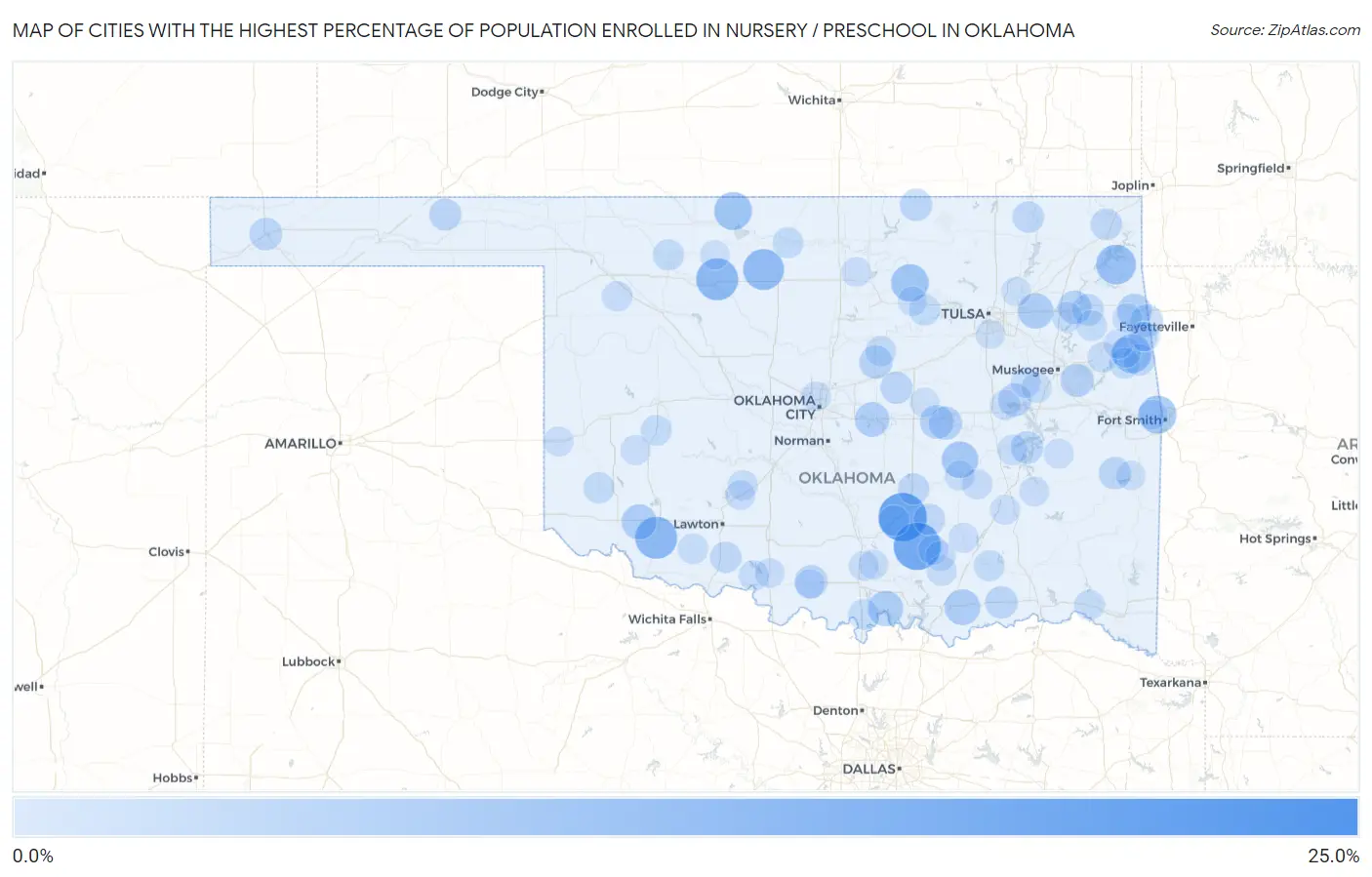 Cities with the Highest Percentage of Population Enrolled in Nursery / Preschool in Oklahoma Map