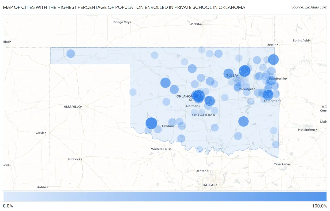 Cities with the Highest Percentage of Population Enrolled in Private School in Oklahoma Map