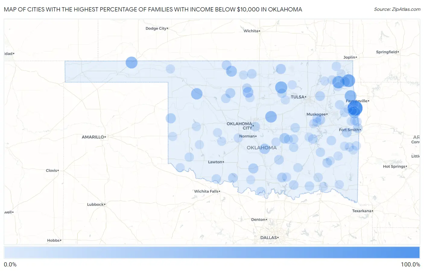 Cities with the Highest Percentage of Families with Income Below $10,000 in Oklahoma Map