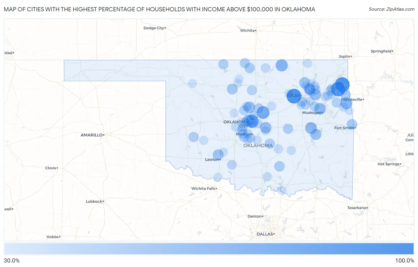 Cities with the Highest Percentage of Households with Income Above $100,000 in Oklahoma Map