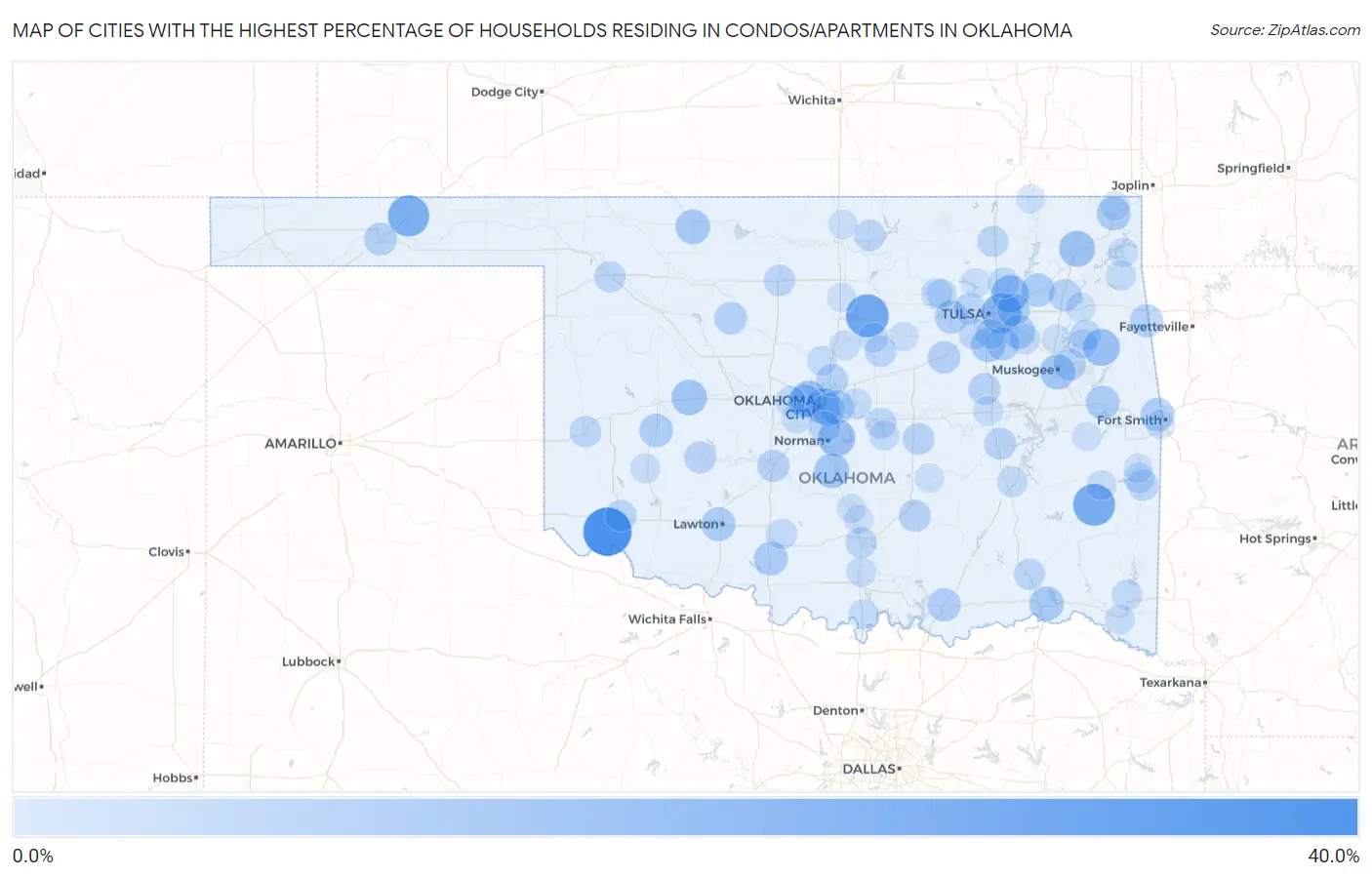 Cities with the Highest Percentage of Households Residing in Condos/Apartments in Oklahoma Map