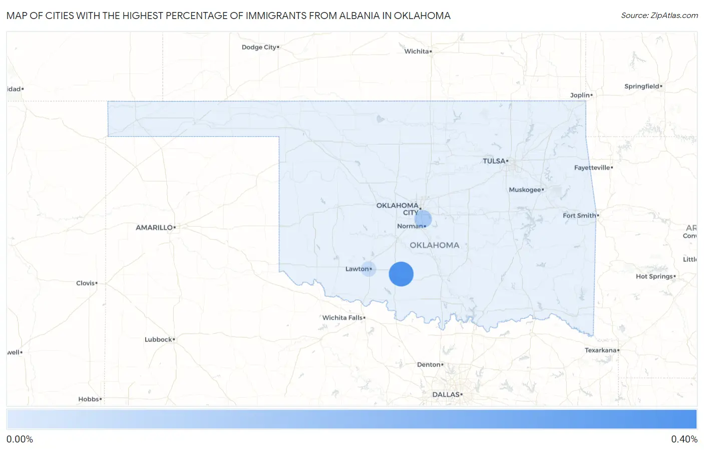 Cities with the Highest Percentage of Immigrants from Albania in Oklahoma Map
