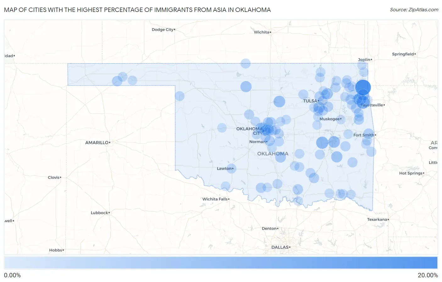 Cities with the Highest Percentage of Immigrants from Asia in Oklahoma Map