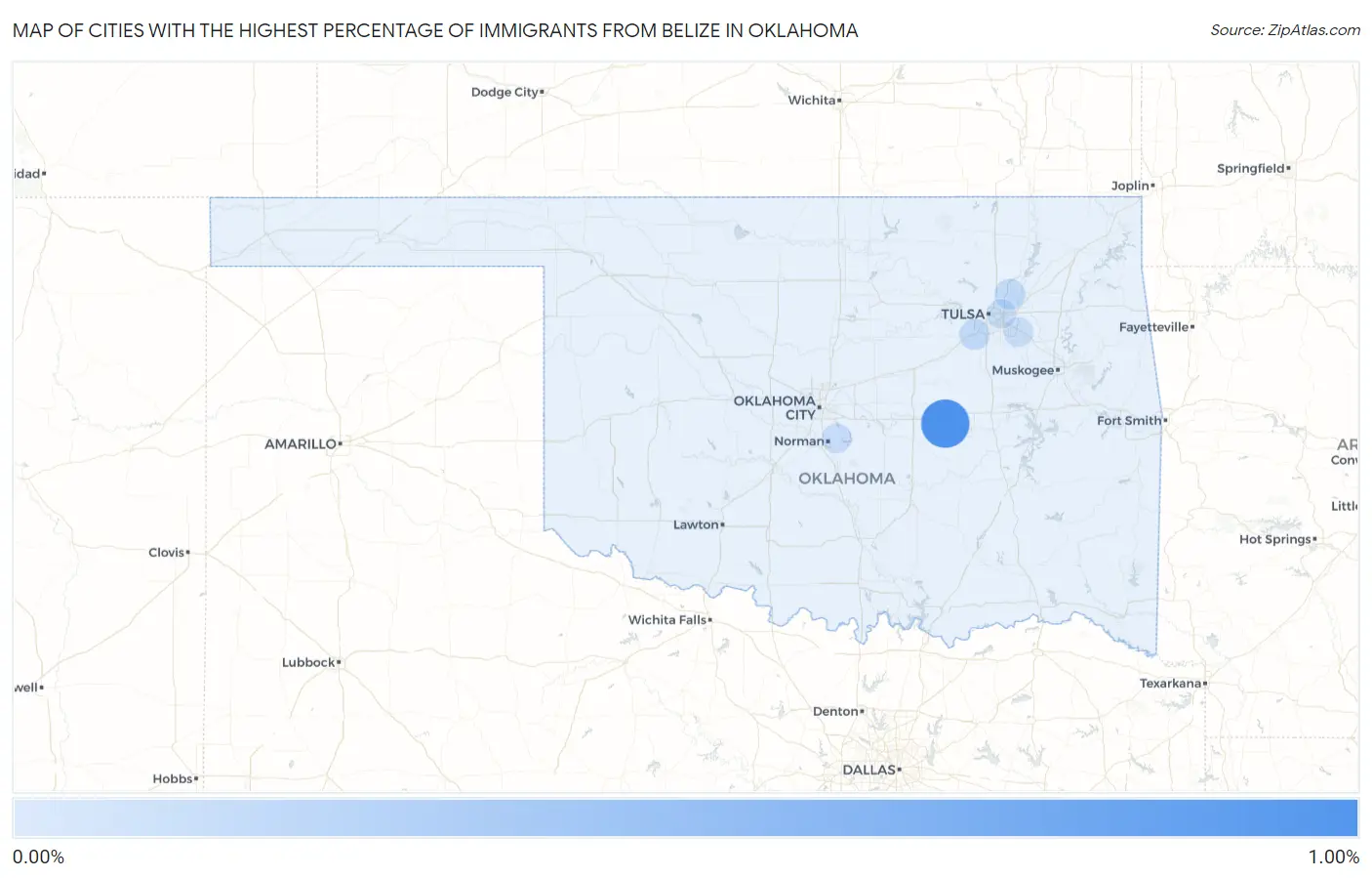 Cities with the Highest Percentage of Immigrants from Belize in Oklahoma Map