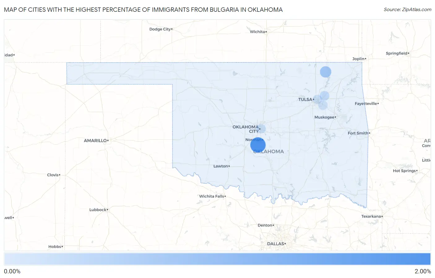 Cities with the Highest Percentage of Immigrants from Bulgaria in Oklahoma Map