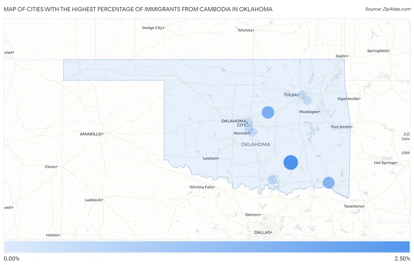 Cities with the Highest Percentage of Immigrants from Cambodia in Oklahoma Map