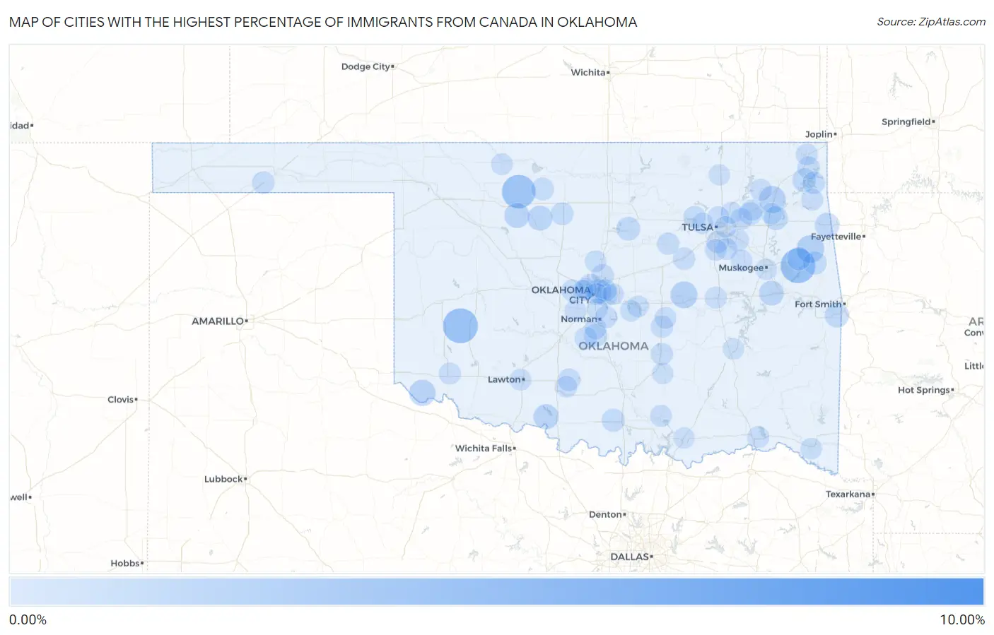 Cities with the Highest Percentage of Immigrants from Canada in Oklahoma Map
