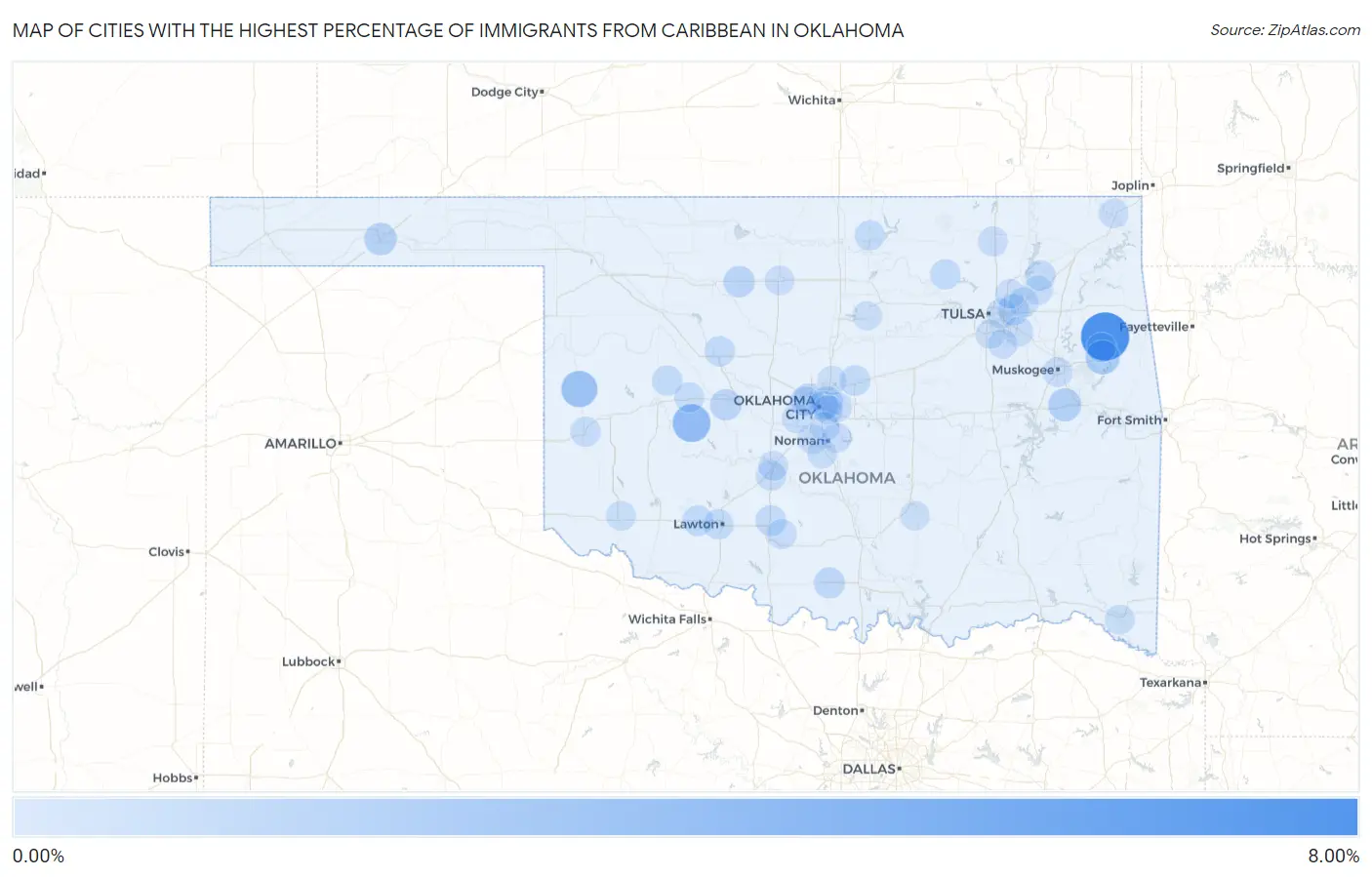 Cities with the Highest Percentage of Immigrants from Caribbean in Oklahoma Map