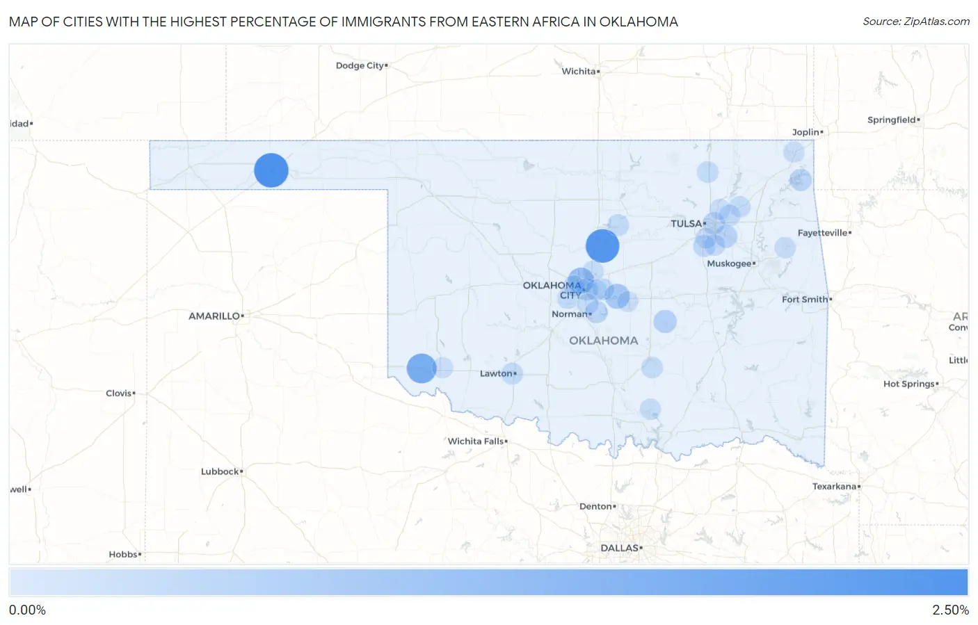 Cities with the Highest Percentage of Immigrants from Eastern Africa in Oklahoma Map
