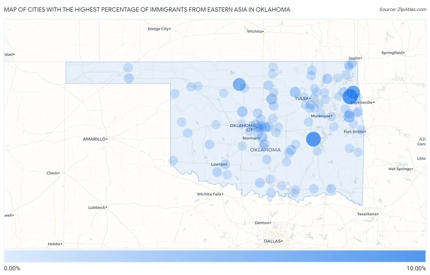 Cities with the Highest Percentage of Immigrants from Eastern Asia in Oklahoma Map