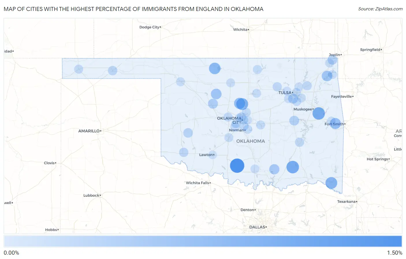 Cities with the Highest Percentage of Immigrants from England in Oklahoma Map