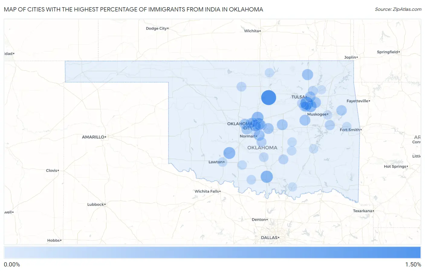 Cities with the Highest Percentage of Immigrants from India in Oklahoma Map