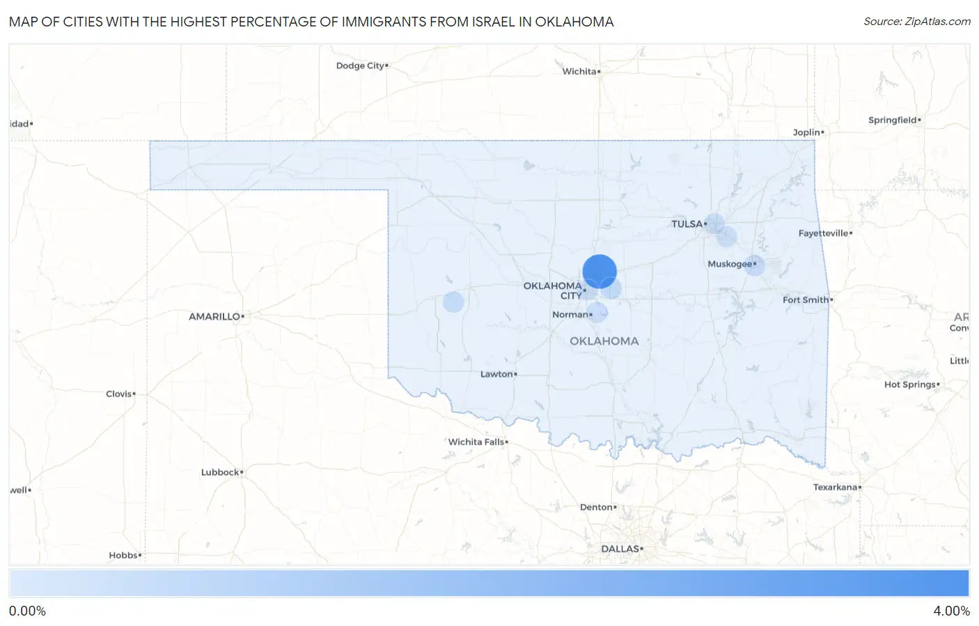 Cities with the Highest Percentage of Immigrants from Israel in Oklahoma Map