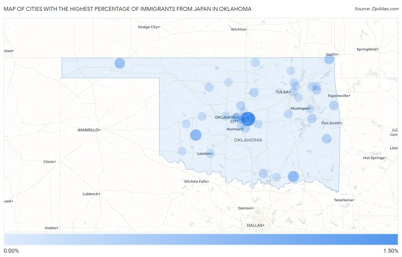 Cities with the Highest Percentage of Immigrants from Japan in Oklahoma Map