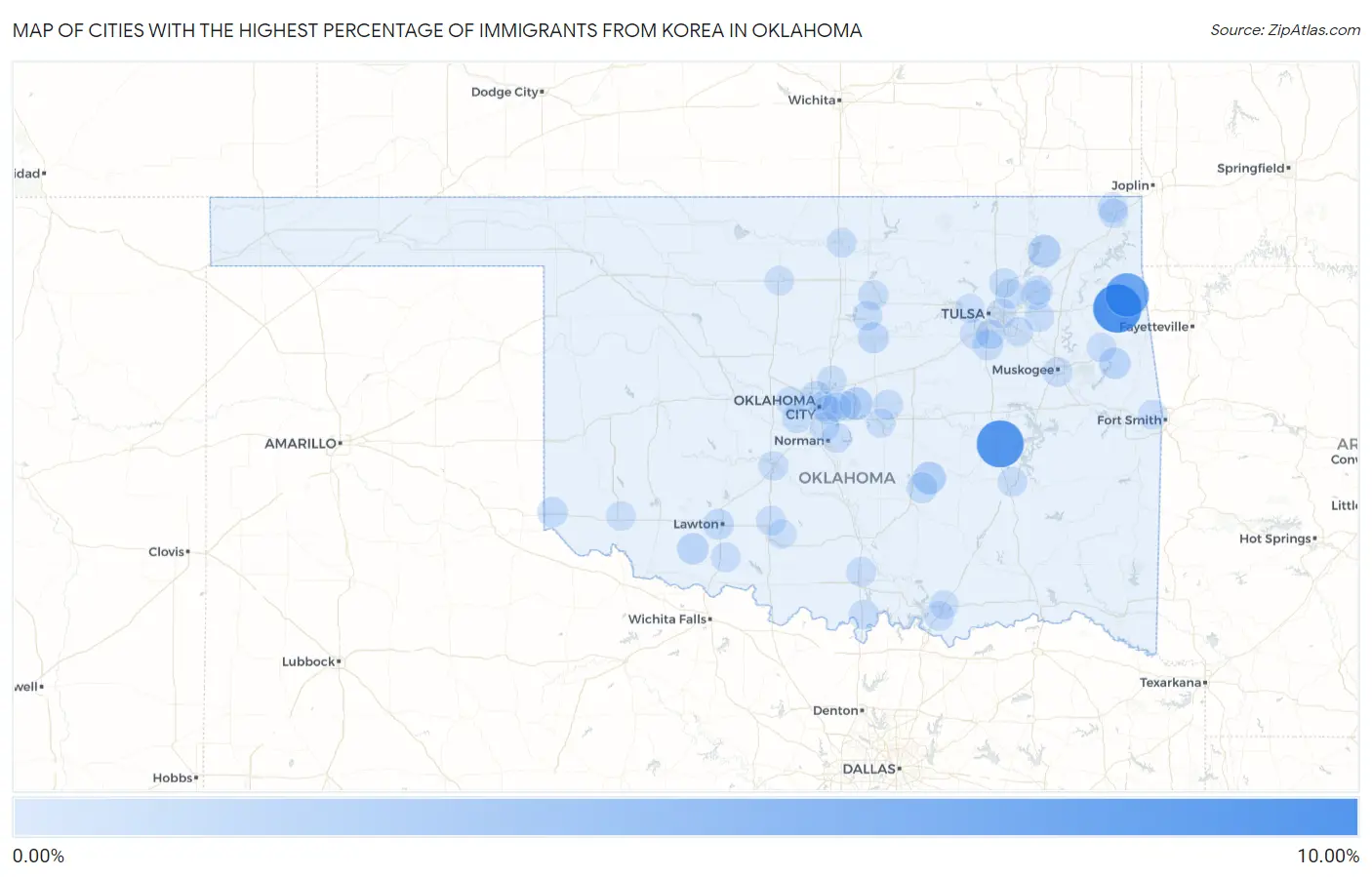 Cities with the Highest Percentage of Immigrants from Korea in Oklahoma Map