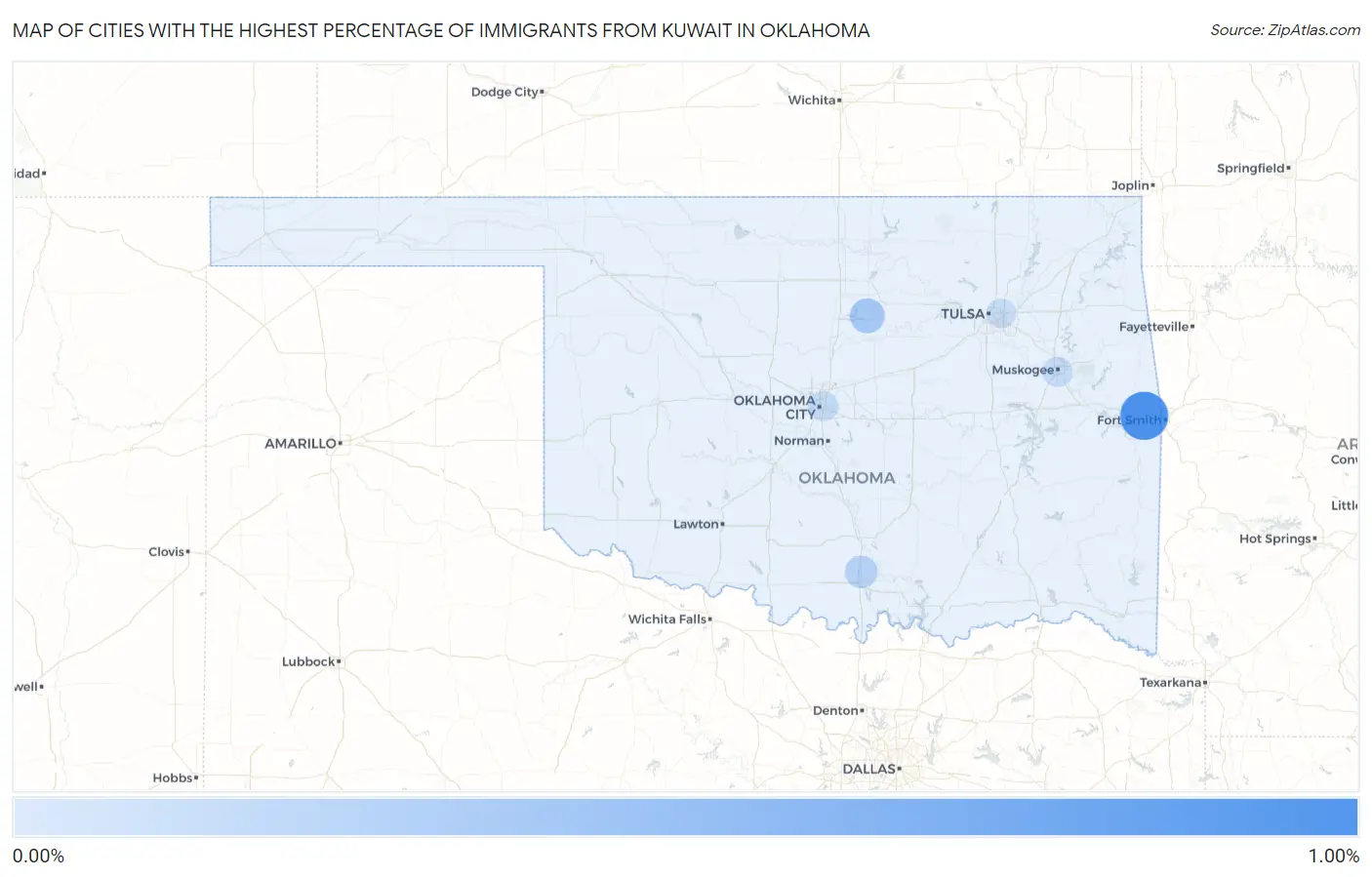 Cities with the Highest Percentage of Immigrants from Kuwait in Oklahoma Map