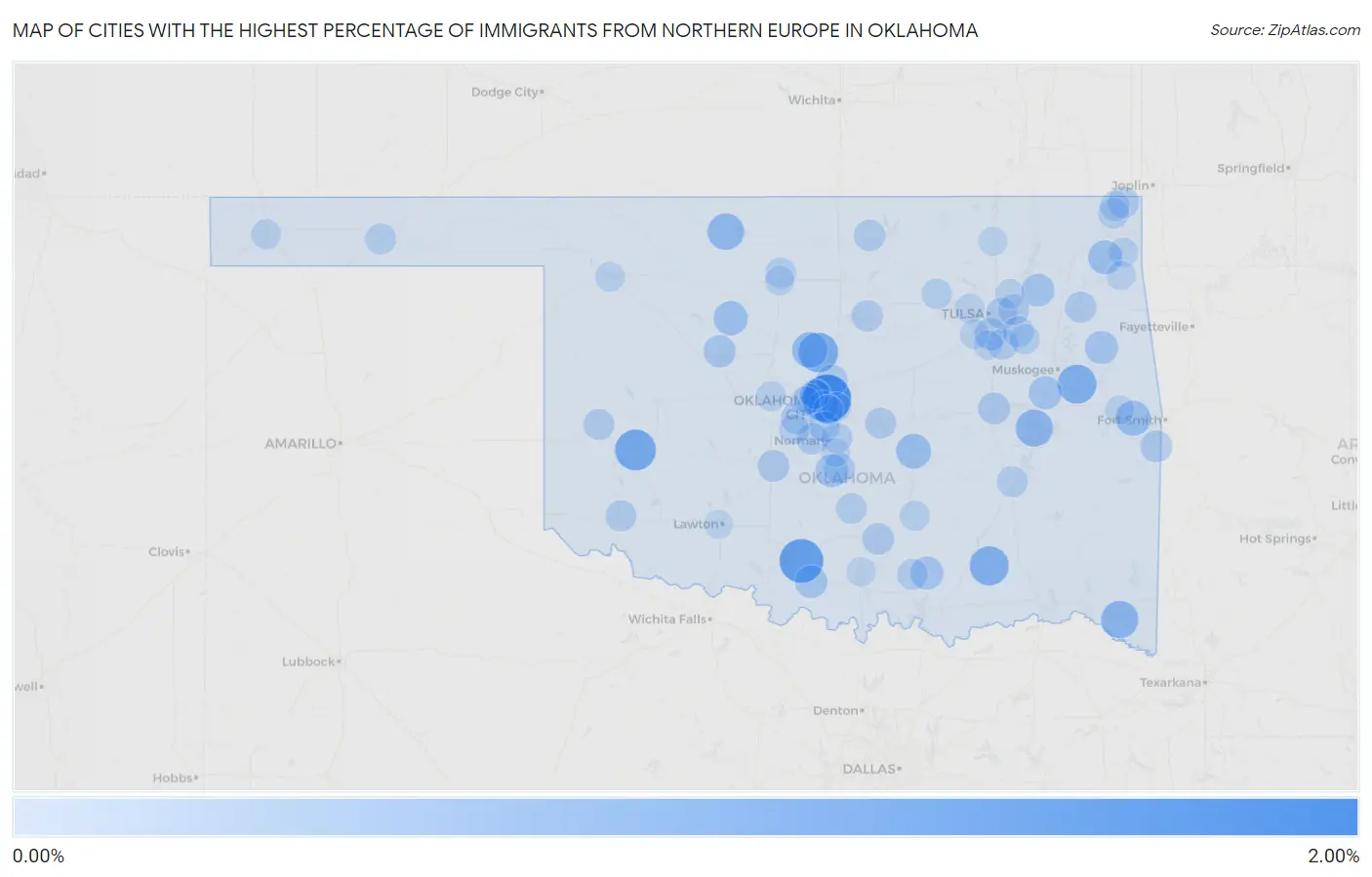 Cities with the Highest Percentage of Immigrants from Northern Europe in Oklahoma Map