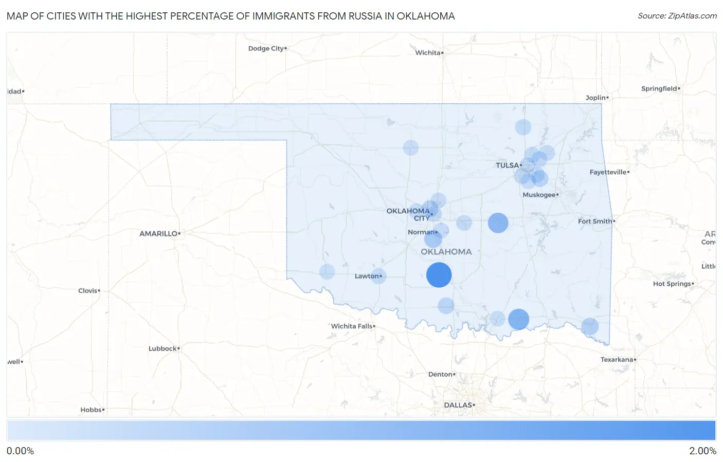 Cities with the Highest Percentage of Immigrants from Russia in Oklahoma Map