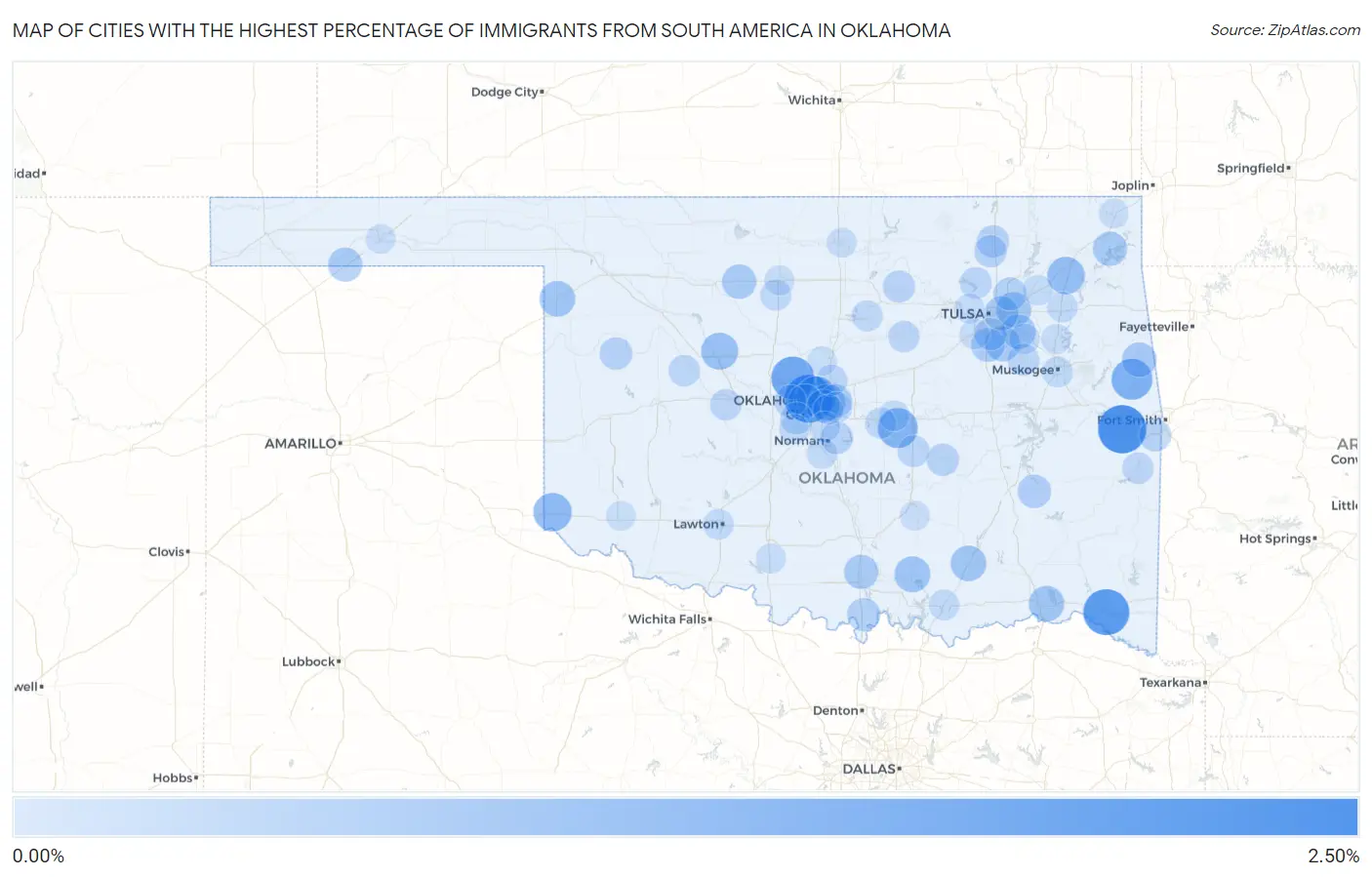 Cities with the Highest Percentage of Immigrants from South America in Oklahoma Map