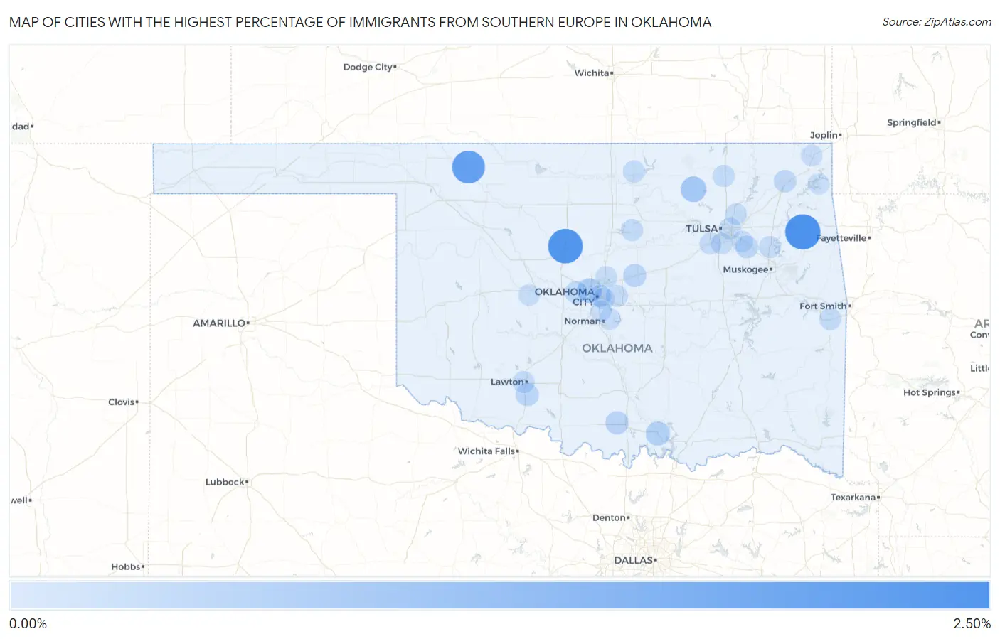 Cities with the Highest Percentage of Immigrants from Southern Europe in Oklahoma Map