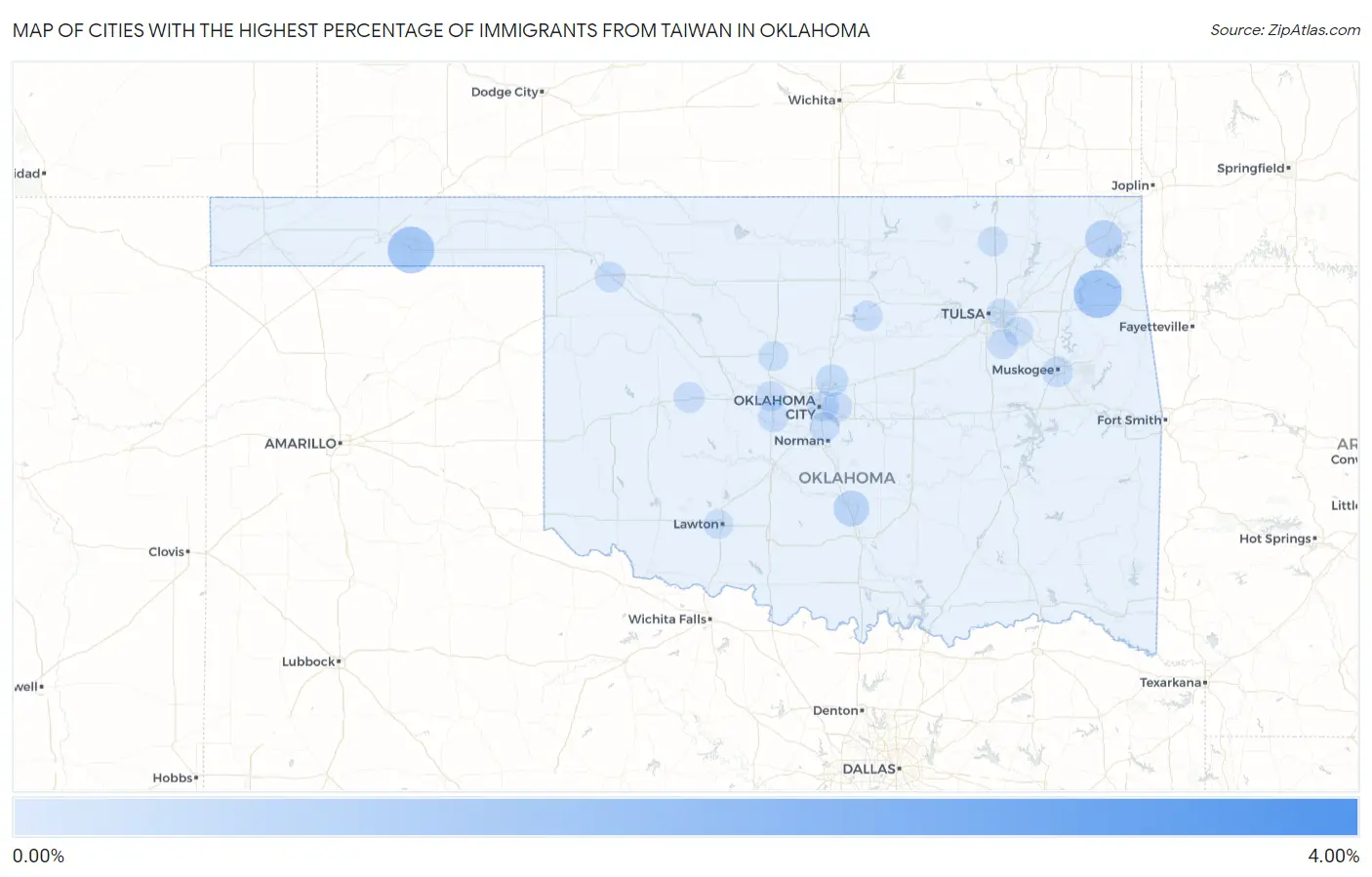 Cities with the Highest Percentage of Immigrants from Taiwan in Oklahoma Map