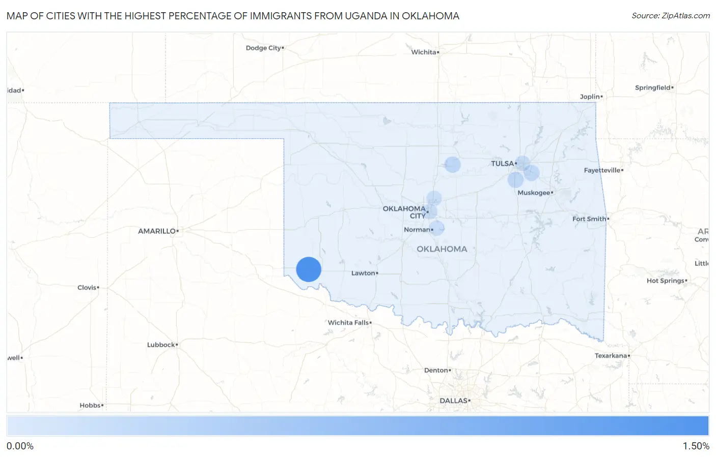 Cities with the Highest Percentage of Immigrants from Uganda in Oklahoma Map